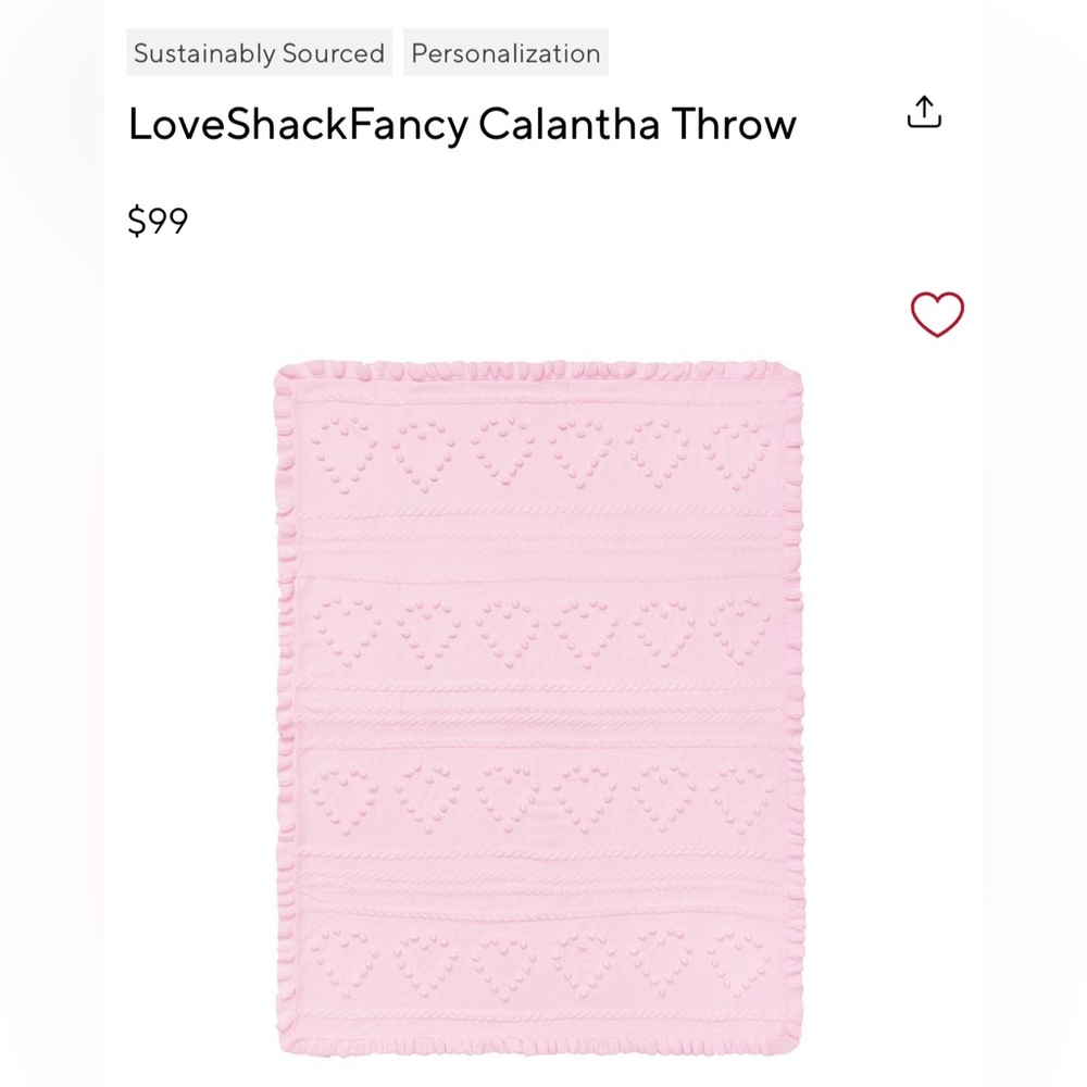 NWOT LoveShackFancy Blush Heart Patterned Throw